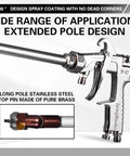 Knock Out High And Low Jobs With This Rugged Long Pole Paint Spray Gun Featuring Adjustable Nozzles And Gauges For Smooth Car Or Furniture Coats Without Any Back Breaking Fatigue showing stainless steel pole and brass nozzle.