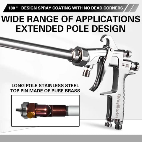 Knock Out High And Low Jobs With This Rugged Long Pole Paint Spray Gun Featuring Adjustable Nozzles And Gauges For Smooth Car Or Furniture Coats Without Any Back Breaking Fatigue showing stainless steel pole and brass nozzle.