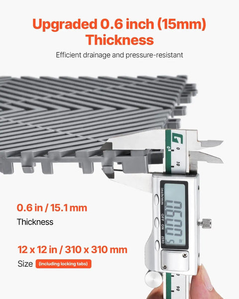 Interlocking Drainage Mat Tiles 12 Inch By 12 Inch Pack Of 55 Non Slip PP Floor Shower Mats For Garage Garden Kitchen And Outdoor Use Gray For Any Wet Area shown with caliper measuring 15mm thickness