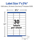 Hella Tough Waterproof Mailing Labels 1 X 2 5/8 Inches White layout showing 1500 labels on 50 sheets for easy organization.