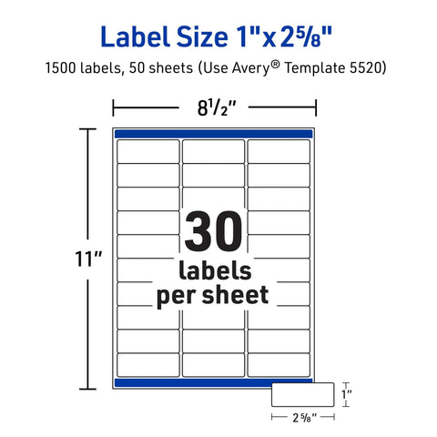 Hella Tough Waterproof Mailing Labels 1 X 2 5/8 Inches White layout showing 1500 labels on 50 sheets for easy organization.