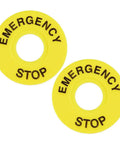Emergency Stop Ring Sign 60mm Outer Diameter 22mm Inner Diameter Yellow Plastic 2 Pack For Warning Push Button Switch Replacement And Hanging Button Alerts At Home Office Or Workshop featuring two yellow rings with black text