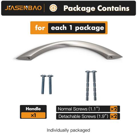 Package contents of 10 Pack Brushed Nickel Cabinet Pulls 5 Inch Arch Twisted Silver Handles including screws for installation.