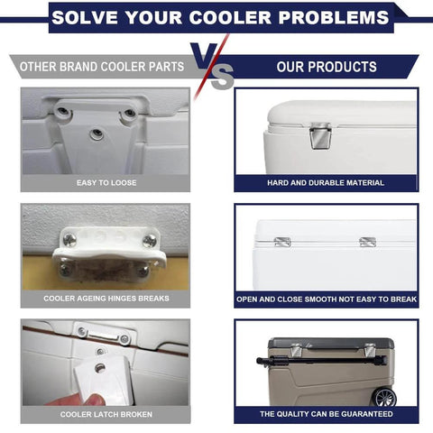 Comparison of cooler hinges and latches with stainless steel hinge and latch set replacement parts kit for ice chests.