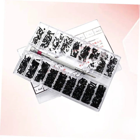 Straight Up Solid Black Screw Assortment Kit Featuring Portable Countersunk Round Head Fasteners, neatly organized in transparent case.