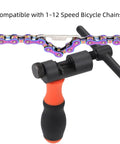 One Tool To Rule All Chains Universal Bicycle Chain Breaker with Comfort Grip Handle; black and orange, compatible with 1-12 speed chains.