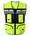 Heavy Duty High Visibility Safety Vest Featuring Breathable Mesh Lining Multiple Storage Pockets And Bright Fluorescent Yellow Fabric For Construction Crew Daily Grind And Rugged Shop Tested Workwear, front view with multiple pockets.