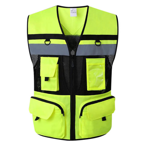 Heavy Duty High Visibility Safety Vest Featuring Breathable Mesh Lining Multiple Storage Pockets And Bright Fluorescent Yellow Fabric For Construction Crew Daily Grind And Rugged Shop Tested Workwear, front view with multiple pockets.