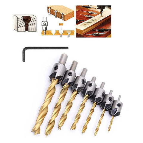 Seven-piece titanium-coated HSS countersunk drill bit set (3–10 mm) with L-shaped hex wrench for woodworking