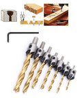 Milling cutter bit set, 7 titanium-coated HSS countersunk bits, 3–10 mm round shanks, includes L-shaped key