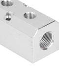 Corner view of Heavy Duty High Flow Aluminum Pneumatic Block with 40x40mm footprint, G1/2 inlet, and G1/4 outlet