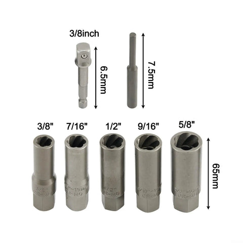 Five Piece Deep Socket Set For Damaged Nuts And Stripped Bolts With Reverse Thread Grip CrMo Steel, various sizes shown