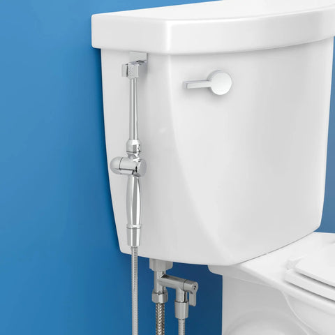 Aquaus 360 All Brass Handheld Bidet Sprayer for Toilet with Ergonomic Dual Thumb Controls shown mounted on toilet.
