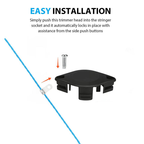 Diagram showing easy installation of No Fuss Replacement Bladed Head With Spool Line for Ryobi 18V 24V 40V Weed Eater Trimmers.