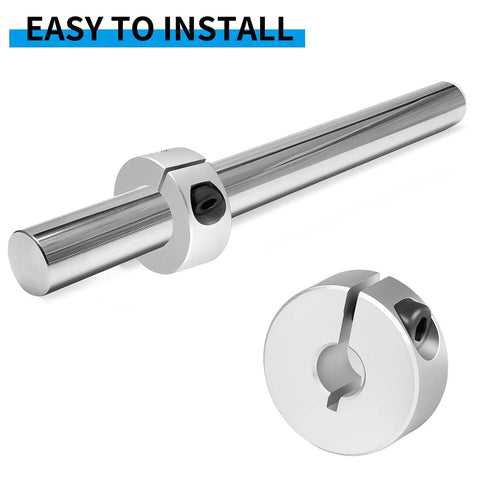 Split Shaft Collar Set Of 4, 6mm Bore Aluminum Locking Collars With M4 Screws, 20mm Outer Diameter, 8mm Thick, One Piece Split Design That Locks In Place And Keeps Standard Shafts Secure, shown on shaft