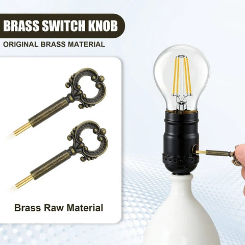 2 Pack Solid Brass Lamp Switch Knobs Retro Key Style Turn Handles Universal Fit with bulb in lamp, showcasing brass detail.