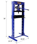 Heavy Duty 20 Ton Hydraulic Shop Press With Pressure Gauge And Reinforced Steel H Frame, 59" tall, blue, for bearing and bushing installation.