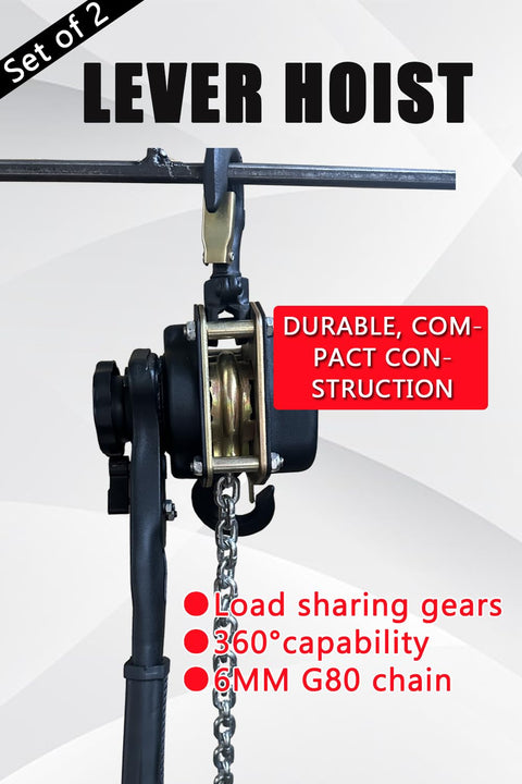Two Tough Lever Chain Hoists 2200 Lbs Capacity Each 5 Foot Lift Set Of Two 1 Ton Portable Hoists showing load sharing gears.