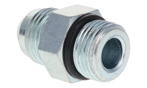 Heavy Duty One Half Inch JIC Male To Three Quarter Inch ORB Hydraulic Fitting With One And One Sixteenth Inch Twelve Thread O Ring Boss End Forged Carbon Steel Zinc Trivalent Coating Model 6400 08 12 close-up