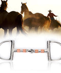 Stainless Steel Dee Bit Snaffle Horse Bit With Copper Rollers French Link Eggbutt 5 Inch Mouth with horses and rider in background