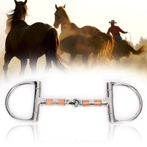 Stainless Steel Dee Bit Snaffle Horse Bit With Copper Rollers French Link Eggbutt 5 Inch Mouth with horses and rider in background