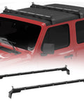 Heavy Duty Black Roof Rack Crossbars For Jeep Wrangler JK JL Gladiator JT Hardtops installed on red Jeep roof.