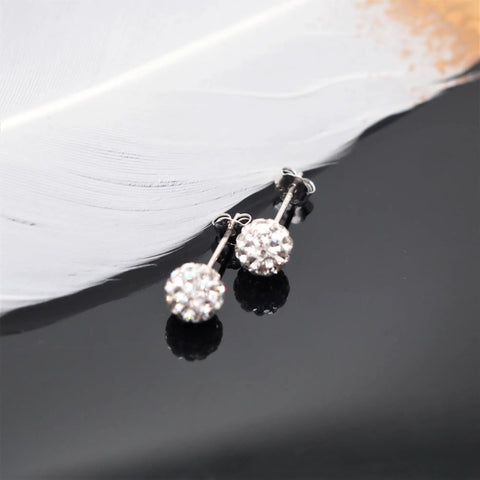 Sterling Silver 925 Pave Crystal CZ Diamond Stud Earrings For Women Sparkling Shamballa Ball Studs 6mm Everyday Glam Perfect Gift For Wife Daughter Mom Girlfriend; pair on black surface