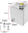 Heavy Duty 2.5L Aluminum Coolant Radiator Overflow Expansion Tank with dimensions and quick swap adapters in slick anodized silver.