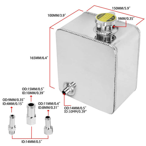Heavy Duty 2.5L Aluminum Coolant Radiator Overflow Expansion Tank with dimensions and quick swap adapters in slick anodized silver.