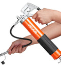 Heavy Duty 8000 PSI Grease Gun Kit With Pistol Grip, 14 oz capacity, 18 inch flex hose, double handle coupler, extension pipe and sharp nozzle