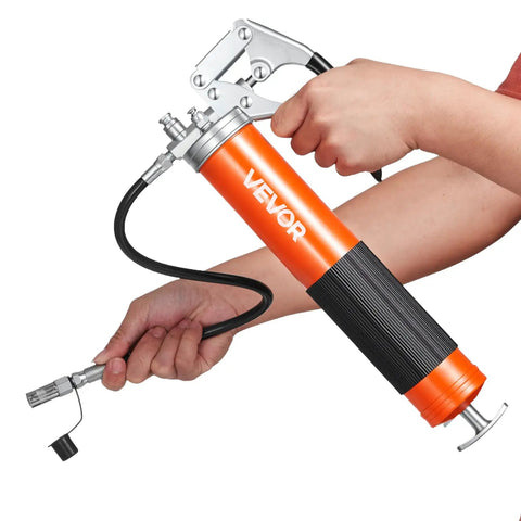 Heavy Duty 8000 PSI Grease Gun Kit With Pistol Grip, 14 oz capacity, 18 inch flex hose, double handle coupler, extension pipe and sharp nozzle