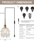 Vintage Plug In Pendant Light With Crystal Shade And 15 Ft Black Cord On Off Dimmer Switch Mini Chandelier dimensions shown.