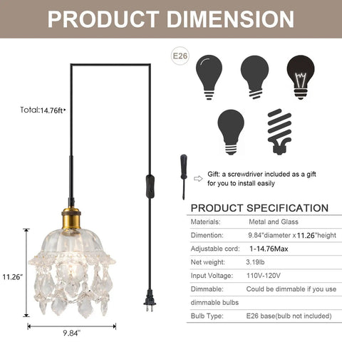 Vintage Plug In Pendant Light With Crystal Shade And 15 Ft Black Cord On Off Dimmer Switch Mini Chandelier dimensions shown.