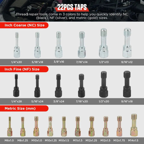 Thread Chaser Set 48 Piece Heavy Duty Pro Grade Thread Repair Tool Kit For UNC UNF And Metric Threads shown with 22 taps