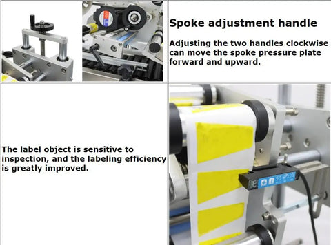 Spoke adjustment handle on Automatic Round Bottle Labeler With Roller Conveyor for precise label application.