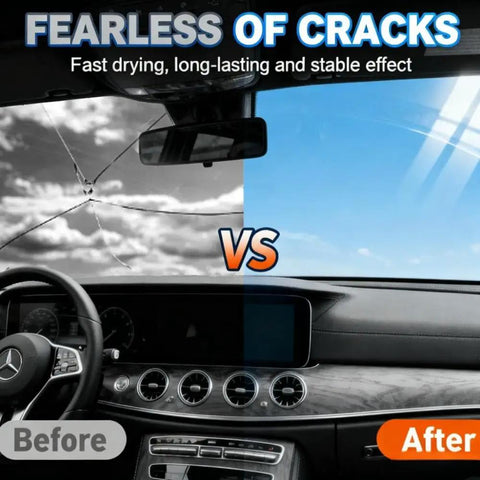 Comparison of cracked windshield before and repaired windshield after using Fast Acting Windshield Repair Kit With Nano Glass Repair Fluid.