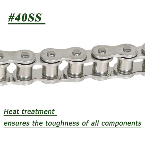Close-up view of 40SS Stainless Steel Roller Chain Built To Last, highlighting heat treatment and toughness, 10 ft length, 240 links.