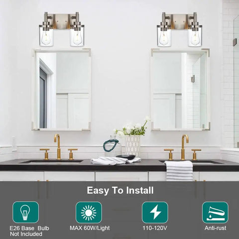 4 Light Brushed Nickel Bathroom Vanity Light Over Mirror With Clear Glass Shades displayed in a modern bathroom setting.