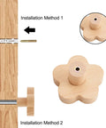 Flower Shaped Wooden Knobs Set Of 6 Natural Beech Wood Drawer Handles with installation methods and screws shown