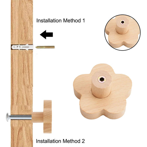 Flower Shaped Wooden Knobs Set Of 6 Natural Beech Wood Drawer Handles with installation methods and screws shown
