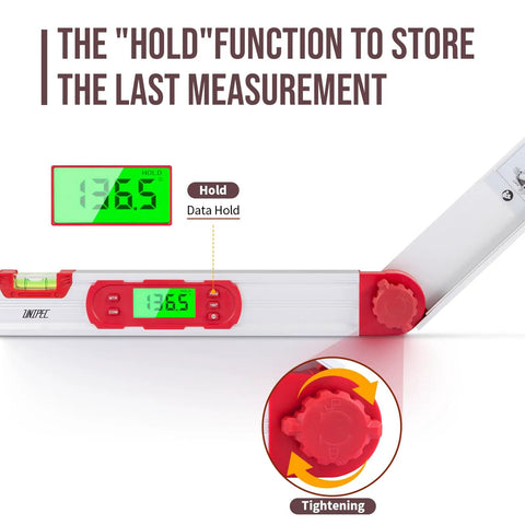 Top Shelf 16 Inch Digital Angle Finder Gauge With Spot On Readings Protractor Plus 0 To 220 Degree Arc, showing hold function and measurement display.
