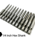 Heavy Duty Security Torx Screwdriver Bits Set With Rock Solid Magnetic S2 Steel And One Quarter Inch Hex Shank Two Inch Long T5 Through T40 Star Driver Kit displayed in a row showing sizes T5 to T40.