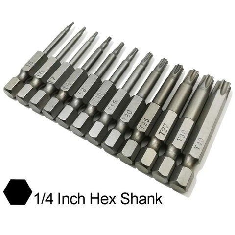 Heavy Duty Security Torx Screwdriver Bits Set With Rock Solid Magnetic S2 Steel And One Quarter Inch Hex Shank Two Inch Long T5 Through T40 Star Driver Kit displayed in a row showing sizes T5 to T40.