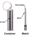 Relightable Permanent Fire Starter Metal Kit 2 Pack components; waterproof keychain lighter with wick and flint striker.