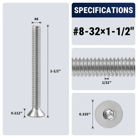 #8/32 by 1-1/2 inch Flat Head Socket Cap Screws specifications showing dimensions and threading detail.