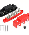 Get Your Rig Powered Up With A 250 Amp Three Eighths Inch Power Distribution Block Featuring Four Studs A Heavy Duty Busbar Terminal Block For Automotive And Marine Use Includes Cover For Positive And Negative, visible with screws and protective covers.