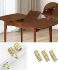 Built Damn Solid Brass Table Leaf Dowel Pins And Bolt Sleeve Connectors Set For Extension Dining Table hardware shown on a wood table.