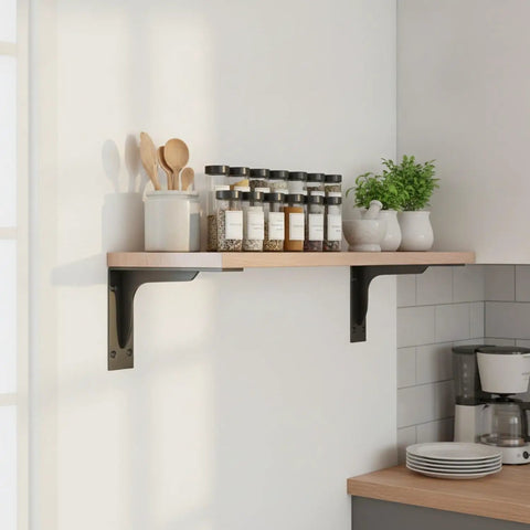 Triangular Steel Shelf Brackets For Floating Desks And Wall Shelves supporting kitchen shelf with spices and utensils.