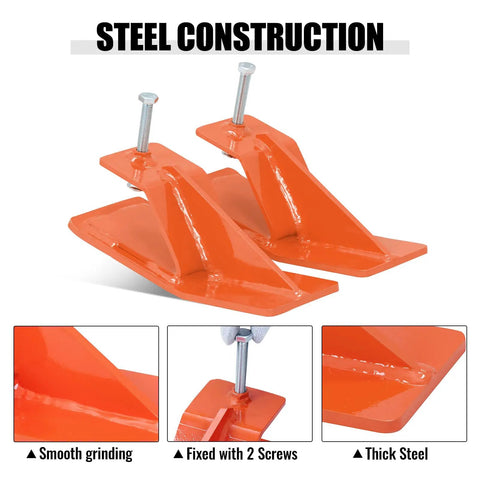 Beefy Heavy Duty Tractor Bucket Edge Protectors Set Of 2, showcasing steel skid guards and rugged orange ski edge protectors.