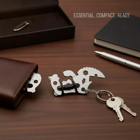 Compact Metal Multitool Card With Screwdriver And Bottle Opener displayed with wallet and keys on a wooden desk